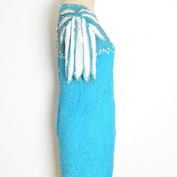 vintage 80s dress sequin beaded blue silk flapper feathers party cocktail prom M - Picture 7 of 11